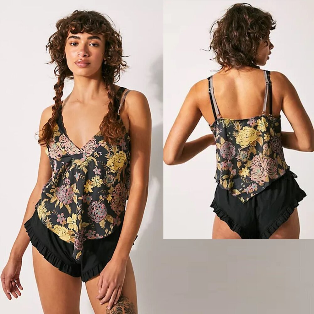 New Free People Intimately It's That Simple Satin Floral Cami Tank Tunic Size S
